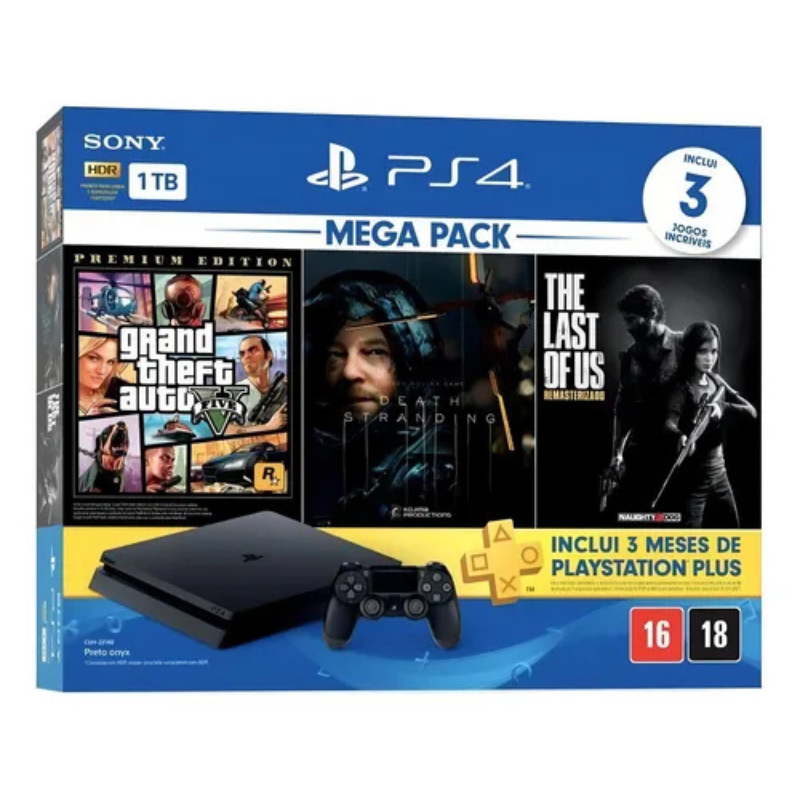 Console PlayStation 4 Slim 1TB Mega Pack – 3 Jogos Inclusos, Gráficos em Full HD e Armazenamento Amplo (Preto Onyx)